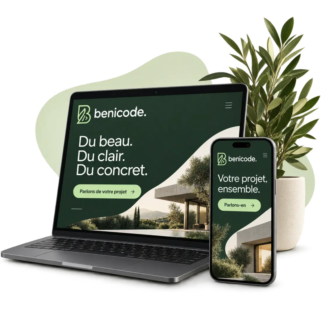 Ordinateur portable et téléphone affichant le site Benicode