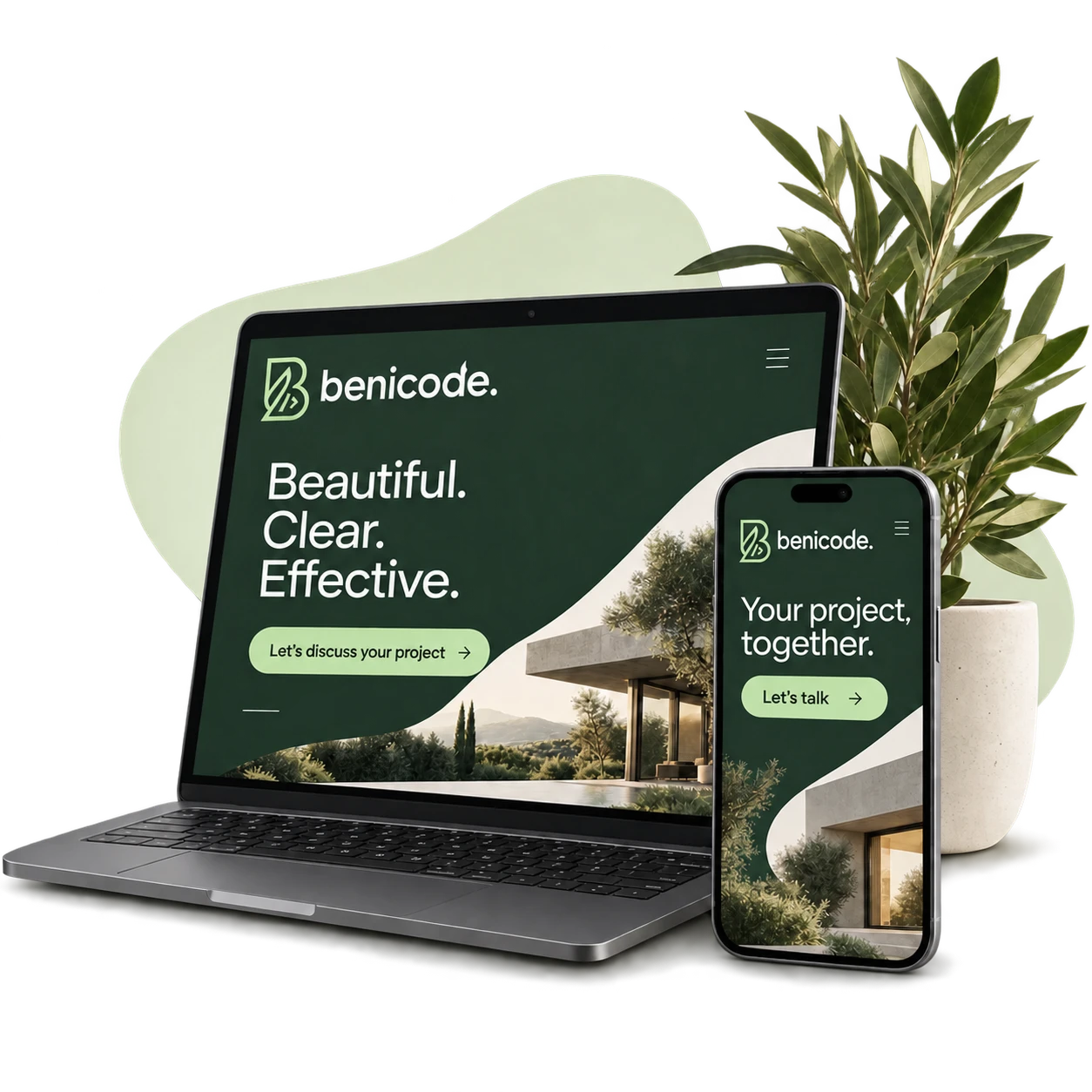 Laptop and phone displaying the Benicode website