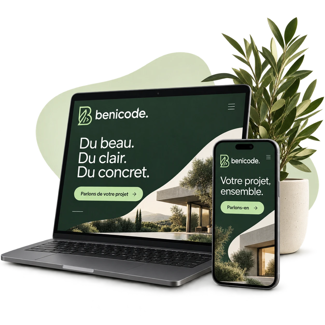 Ordinateur portable et téléphone affichant le site Benicode