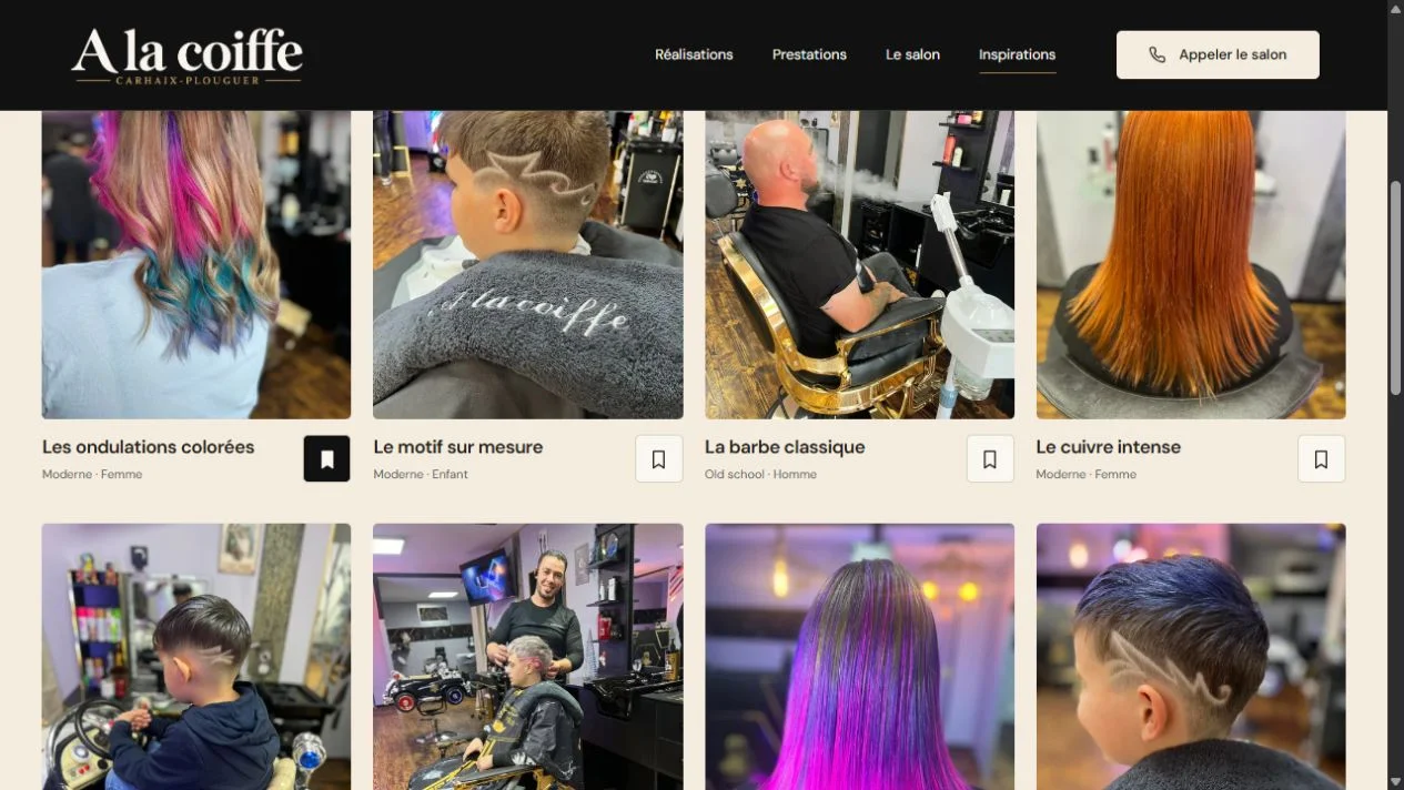 Catalogue Inspirations du site A la coiffe, avec des photographies de coupes et des boutons pour enregistrer ses idées.