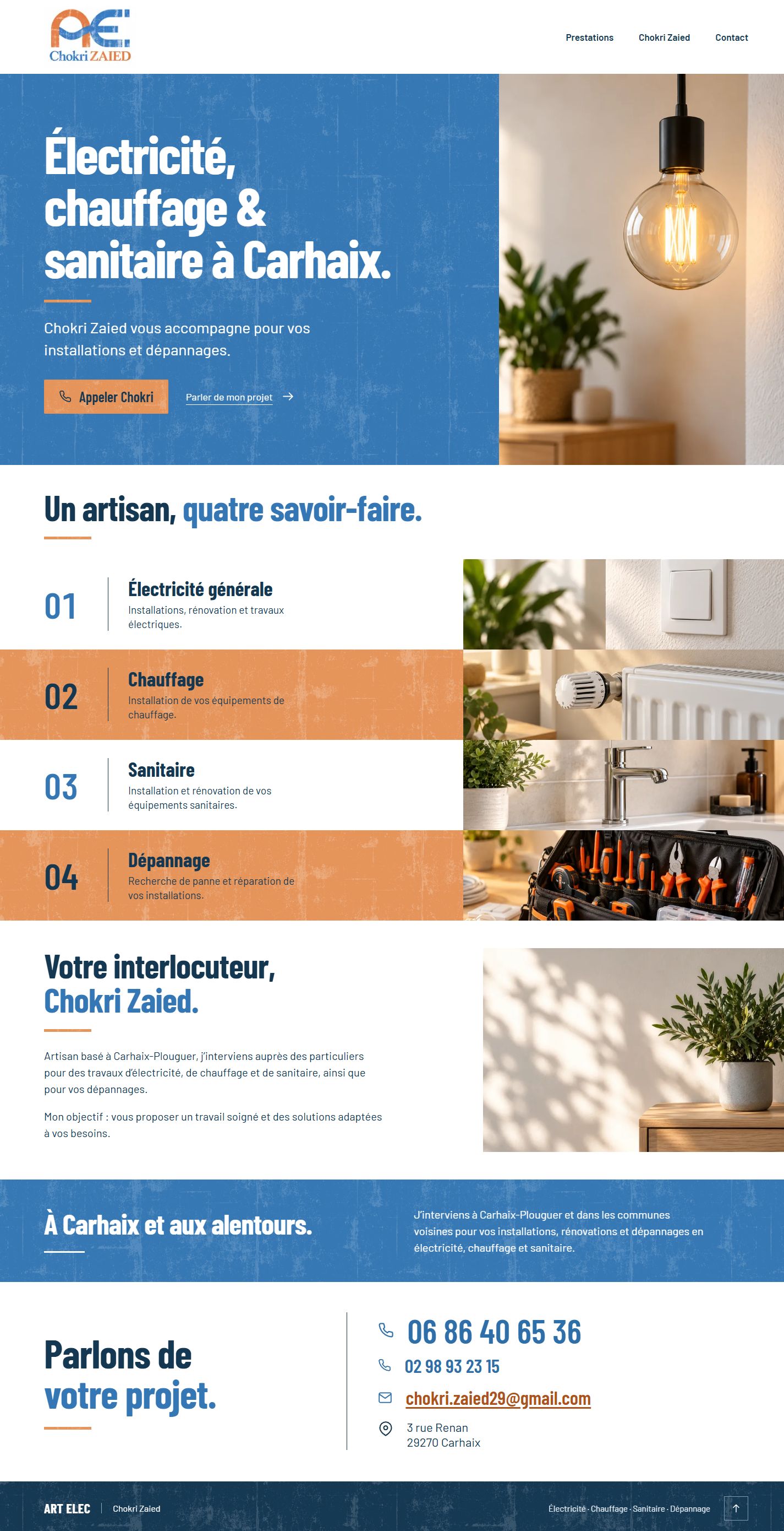 Capture du site ART ELEC : accueil bleu, accents orange, présentation des quatre prestations et coordonnées.