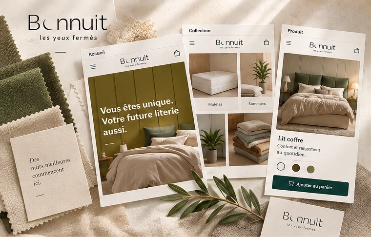 Concept illustration of the Bonnuit store: bedding materials and homepage, collection and product-page mockups.