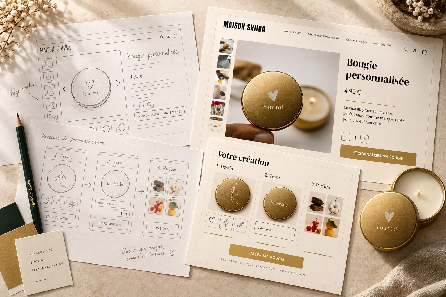 Maison Shiiba illustrative composition: product page and builder sketches, interface mockups and personalised gold candles.
