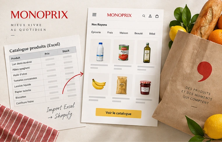 Illustration conceptuelle des imports catalogue Monoprix : des données Excel à la boutique en ligne.