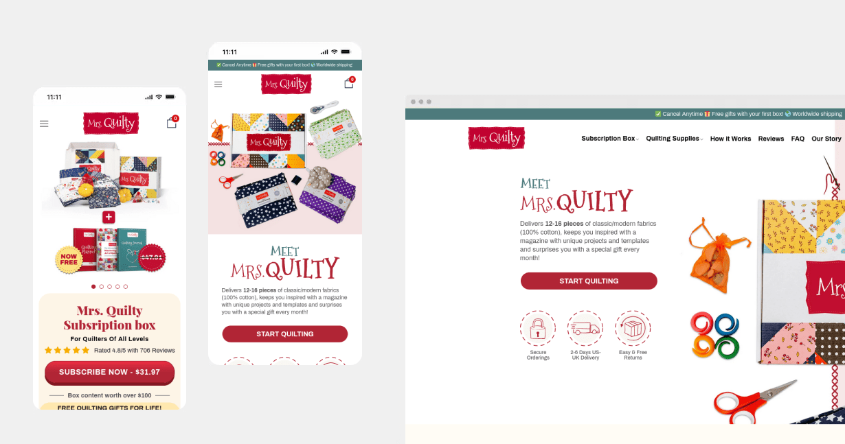 Desktop and mobile views of the Mrsquilty storefront