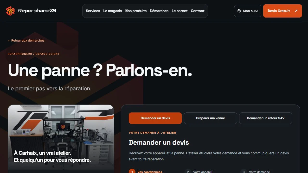 Page de demande de devis Reparphone29, avec présentation de l’atelier et formulaire guidé en trois étapes.